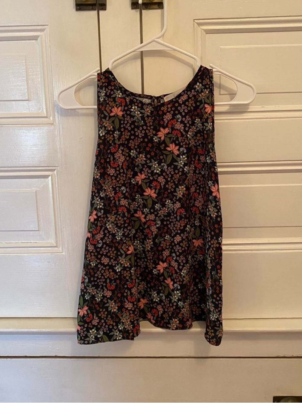 LOFT Black Floral Sleeveless Swing Camisole with Pink and Green Accents